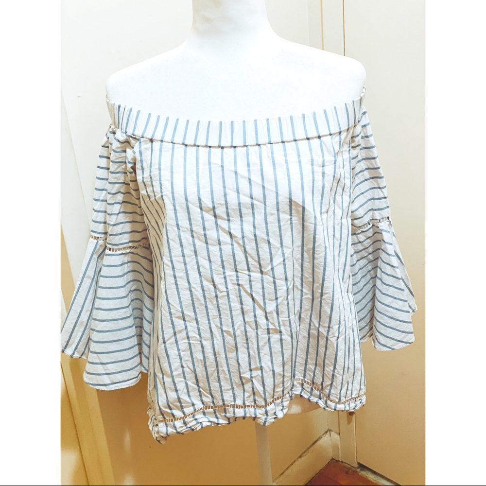 White and blue stripe bell sleeve off shoulder top